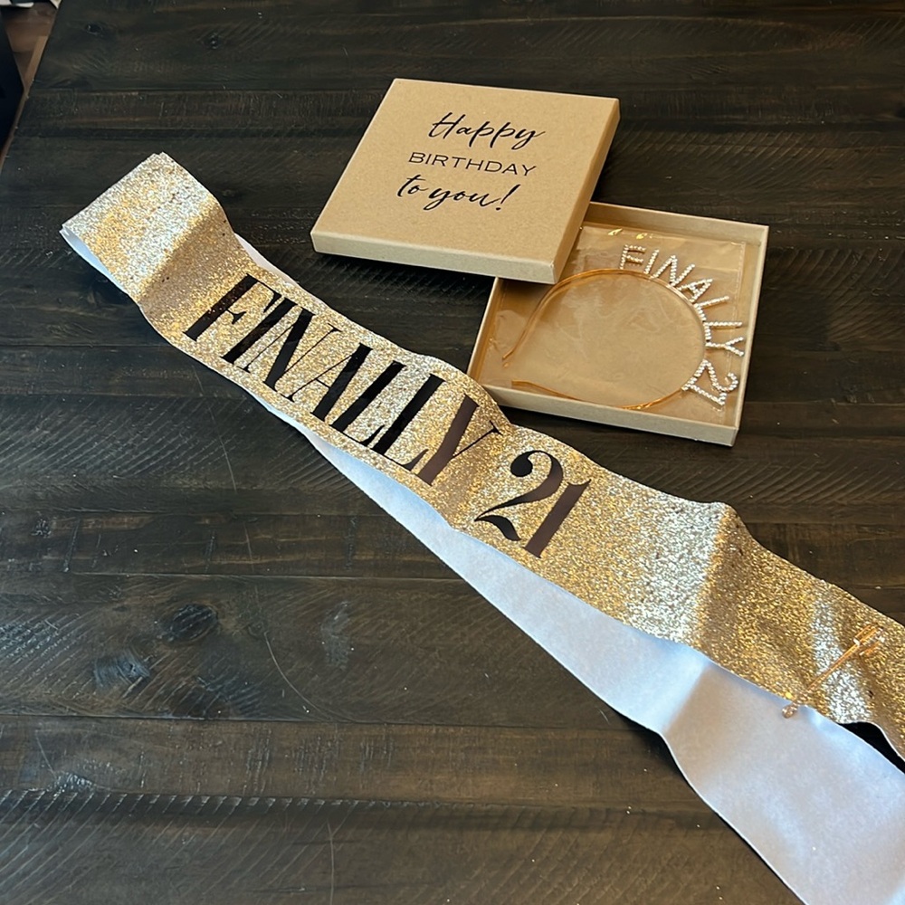Gold Finally 21 Birthday Sash and Crown Tiara